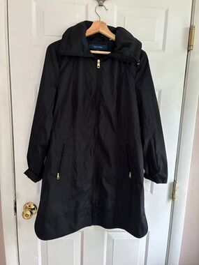 Cole Haan Black Hooded Trench Coat with Gold Zippers